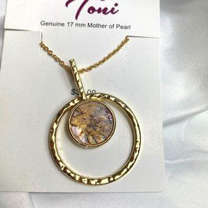 Toni Genuine Mother of Pearl Gold Long Necklace Round 17mm Pendant NWT